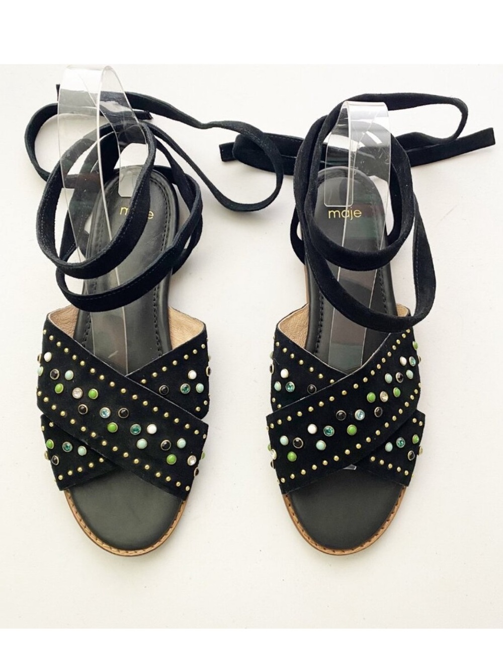New Maje Feminy Suede Studded Lace Up Wrap Around Sandals Shoes - Picture 2 of 5